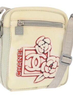CHANEL Sports Line Shoulder Bag Nylon White Silver CC Auth bs32848